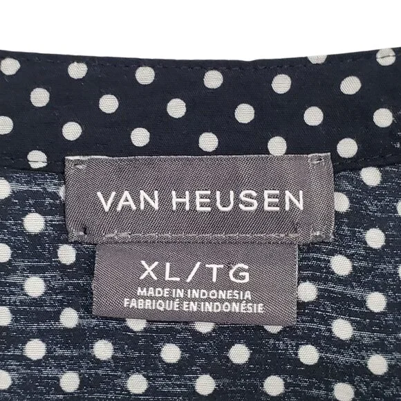 Van Heusen Womens XL Top Polka Dot Bell Sleeve Blouse Rayon Blend V Neck Blue - Picture 9 of 11